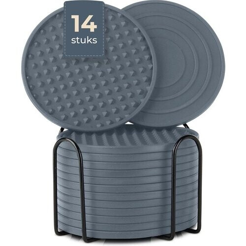 Tweedekans Castagnola Siliconen Onderzetters – Onderzetters voor Glazen – Design Onderzetters met Houder – Onderzettersset – Anti Slip - Set van 14 – Grijs Tweedehands