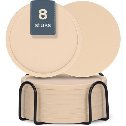 Tweedekans Castagnola Siliconen Onderzetters – Onderzetters voor Glazen – Design Onderzetters met Houder – Onderzettersset – Anti Slip - Set van 8 – Beige Tweedehands
