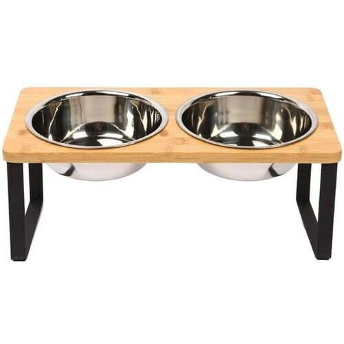 Tweedekans Ceruzo Dubbele Voerbak - Kleine Honden - RVS - Bamboe-Metaal Standaard -33x15x12.5 cm Tweedehands