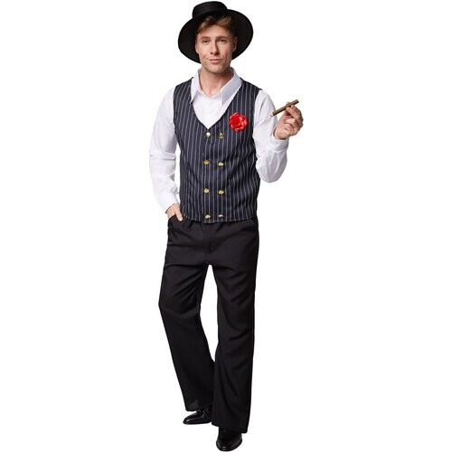 Tweedekans charleston gentleman kostuum - maat S – zwart/wit – polyester | inclusief hoed, overhemd, vest & broek Tweedehands