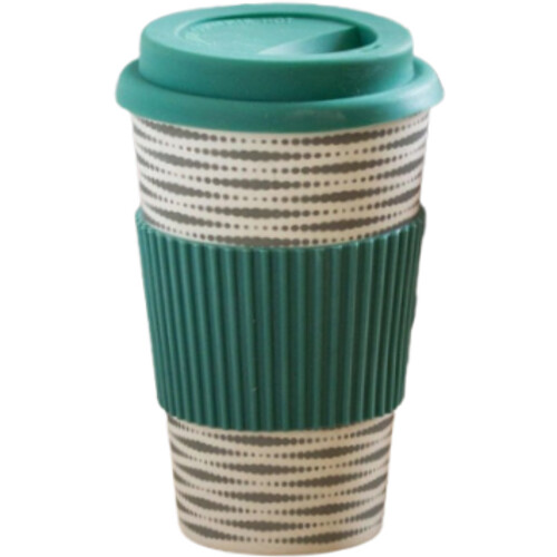 Tweedekans Cheqo® Groene Bamboevezel Drinkbeker 400ml – Duurzame, Herbruikbare Koffiebeker met Siliconen Deksel & TPR Sleeve – Vaatwasserbestendig & Compact – Ideaal voor Onderweg