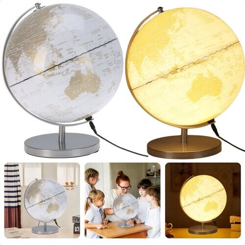 Tweedekans Cheqo® Wereldbol Lamp 31 cm – LED Globe met Verlichting – Wit Goud – Decoratieve USB Wereldbollamp Tweedehands