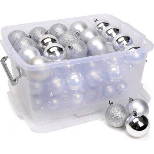 Tweedekans Christmas Gifts Kerstballen Set Zilver - 70 Stuks Kunststof Kerstballen - Incl. Kerstballen Opbergbox - Ø4/5/6 cm Tweedehands