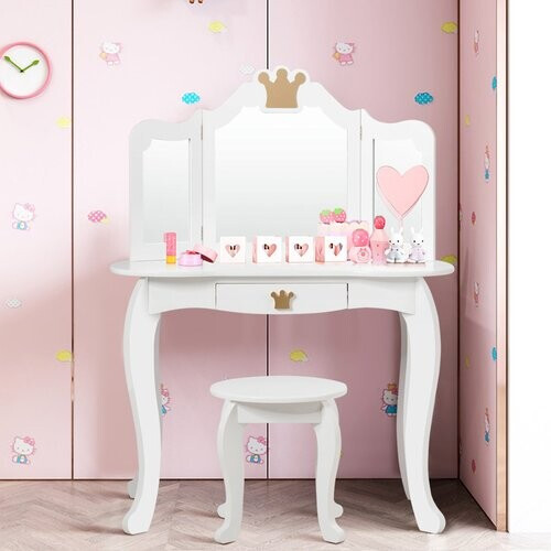 Tweedekans Coast 2 in 1 kapseltafel set kinderen kleedtafel meisje friery tafel houten spiegel tafel wit 80x42x105cm Tweedehands