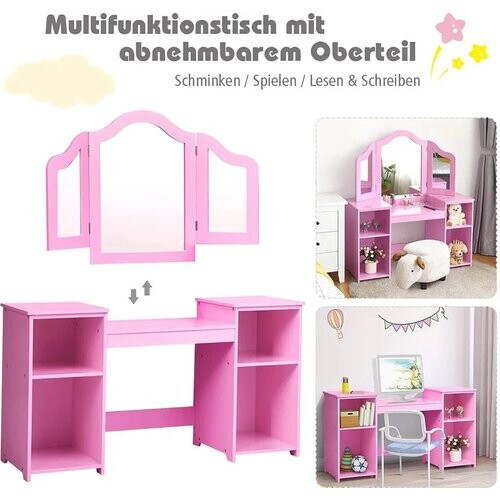 Tweedekans Coast 2 in 1 kaptafel met verwijderbare spiegel en open houten compartimenten voor kinderen van 3 jaar roze