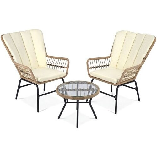 Tweedekans Coast 3-Delige Bistroset- Inclusief Kussens - Gehard Glazen Tafel - Weerbestendig - Bruin/Beige Tweedehands