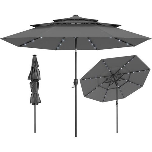 Tweedekans Coast 3-Laags Terrasparasol Ø313 cm - Solar LED - Kantelbaar - Slingerbediening - Grijs Tweedehands
