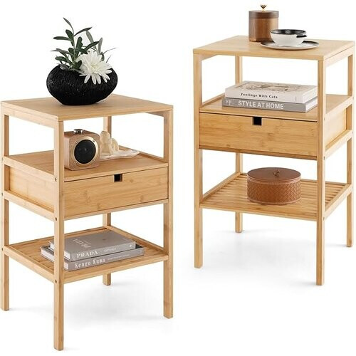 Tweedekans Coast 3-stappen nachtkastje gemaakt van bamboe met lade en lattenplank bijzettafeltje natuur Tweedehands