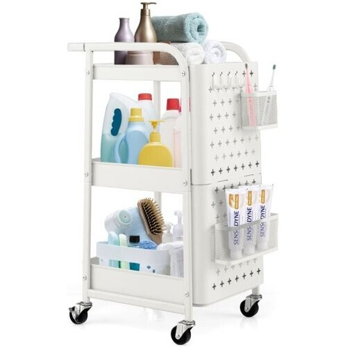 Tweedekans Coast 3 verdiepingen tellende trolley metalen wagen met 2 platen en 2 manden en 4 haken wit Tweedehands