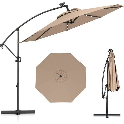 Tweedekans Coast 300 cm Bruine Zonnescherm Parasol met LED Verlichting en Afstandsbediening – Vrijdragend, 360° Draaibaar, Zonnepaneel Tweedehands