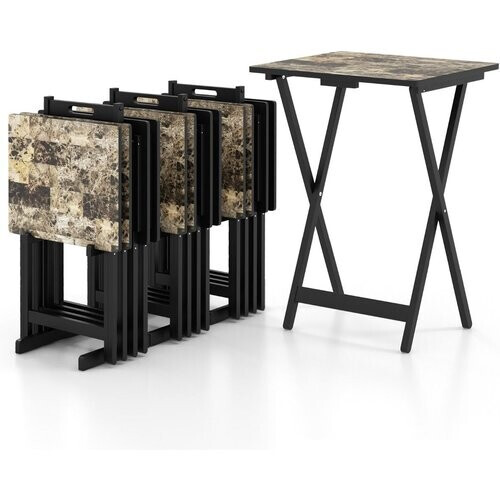 Tweedekans Coast 4-Delige Klaptafelset 48x40x67 cm Zwart – Houten TV- en Snacktafel met Opbergstandaard en Draaggreep Tweedehands