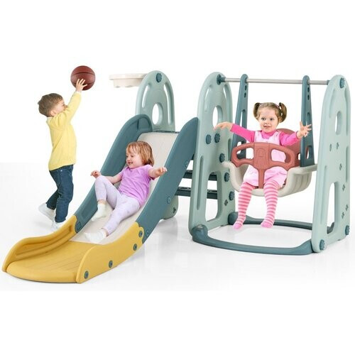Tweedekans Coast 4-in-1 Kinder Glijbaan en Schommelset met Basketbalring - Veelkleurig - 198 x 149 x 96 cm Tweedehands