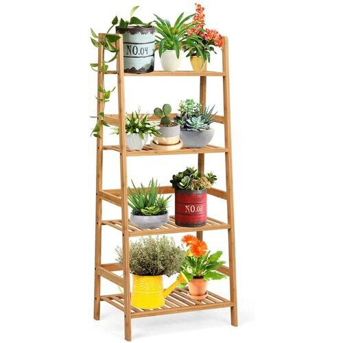 Tweedekans Coast 4-laags Ladderplank Plantenstandaard en Boekenrek van Bamboe – Naturel – 48x32x114 cm Tweedehands