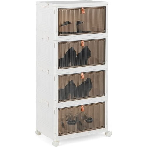 Tweedekans Coast 4-laags Opvouwbaar Schoenenrek met Transparante Magnetische Deuren & Wielen – Wit/Bruin – 40 x 37,5 x 83,5 cm Tweedehands