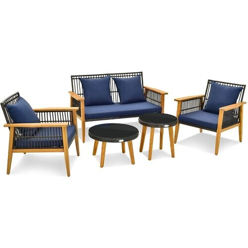 Tweedekans Coast 5-Delige Rotan Buitenmeubelset Bruin met Marineblauwe Kussens – 2 Stoelen, Loveseat en 2 Salontafels (Stoel 75x76x80 cm, Loveseat 132x76x80 cm, Tafel Ø48 cm & 60x38 cm) Tweedehands