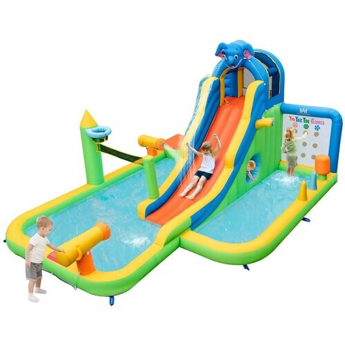 Tweedekans Coast 9-in-1 Springkasteel Olifant met Glijbaan, Klimwand & Ballenbad – Opblaasbaar Waterpark 378 x 469 x 250 cm – Veelkleurig Tweedehands