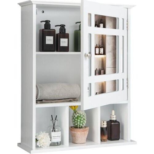 Tweedekans Coast Badkamer Muur Opbergkast Spiegelkast Houten Opknoping Medicijnkast met Verstelbare Plank en 3 Open Vakken Wit