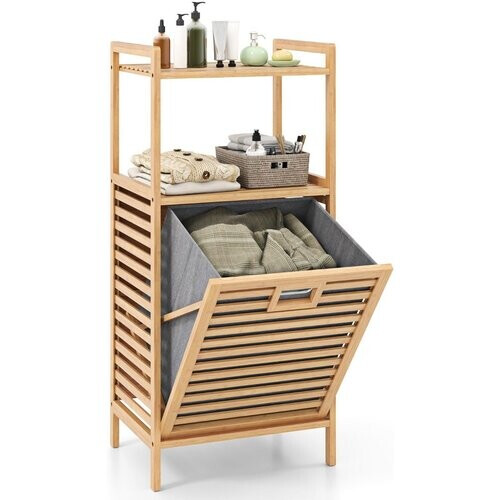 Tweedekans Coast Badkamerrek met Wasmand 43,5x33x96 cm – Bamboe – Naturel – Met 2 Planken en Uitneembare Waszak Tweedehands