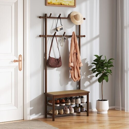 Tweedekans Coast Bamboe Kapstok met Bankje - Schoenenrek - PE-rotan Zitting - Bruin & Naturel - 71 x 30 x 169,5 cm Tweedehands