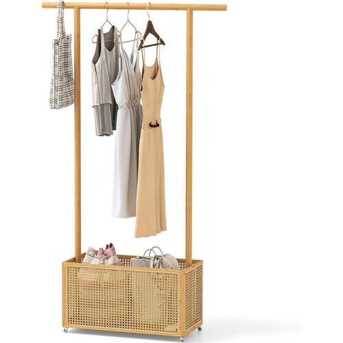 Tweedekans Coast Bamboe Kapstok - met opbergmand en wieltjes - naturel - 100 x 32,5 x 172 cm Tweedehands