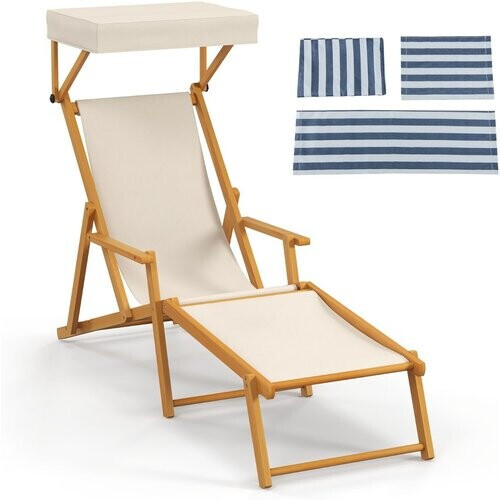 Tweedekans Coast Berkenhouten Opvouwbare Strandligstoel met Verstelbare Luifel, Rugleuning en Voetensteun – Beige/Natuurlijk – 170x62x140 cm Tweedehands
