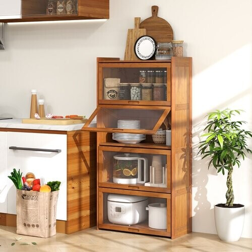 Tweedekans Coast Boekenkast met 4 Vakken - Bamboe - Klapdeuren van Acryl - 69 x 34 x 140 cm - Bruin/Naturel Tweedehands