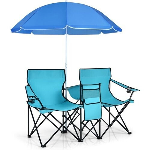 Tweedekans Coast campingstoel met parasol dubbele vouwstoel met bekerhouder koeltas turquoise Tweedehands