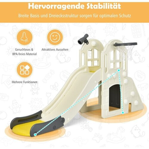 Tweedekans Coast Children's Slide Climbing Slide met basketbalmand Ball Ring Throw and Telescopic 189,5 x 83 x 98 cm geel Tweedehands