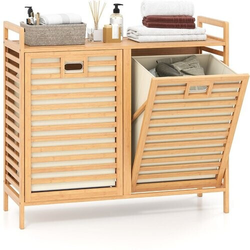 Tweedekans Coast Dubbel Draaibare Bamboe Wasmand – 80x30x72 cm – Naturel – Met 2 Afneembare Stoffen Mandjes – 75 Liter Tweedehands