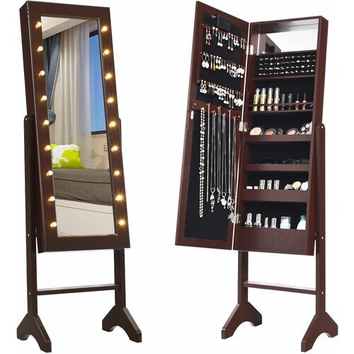 Tweedekans Coast Gespiegelde sieradenkast - 18 LED-lampjes - 35.5 x 30.5 x 145 cm - Bruin Tweedehands