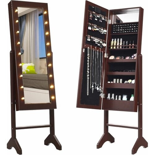 Tweedekans Coast Gespiegelde sieradenkast - 18 LED-lampjes - 35.5 x 30.5 x 145 cm - Bruin Tweedehands