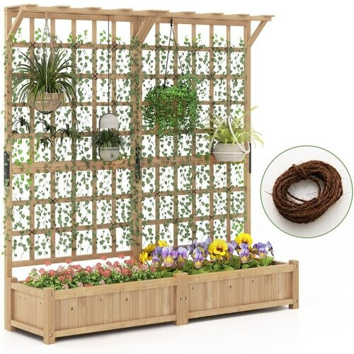 Tweedekans Coast Grote houten plantenbak met latwerk - 2 bloembakken - hangend dak - naturel Tweedehands