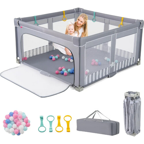 Tweedekans Coast Grote Opvouwbare Babybox 150x150 cm Grijs – Veilig Speelhek met Ritssluiting, 50 Zeeballen en 4 Hijsringen Tweedehands