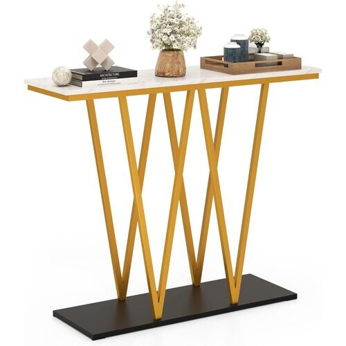 Tweedekans Coast Haltafel - 100 x 30 x 79 cm - Wit Goud - Moderne Consoletafel met Imitatiemarmer - Geometrisch Frame Tweedehands