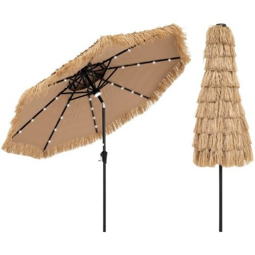 Tweedekans Coast Hawaiiaanse Parasol - Ø 270 cm, 32 LED-lampjes, 35° Kantelbaar - 270 x 256 cm - PP/Polyester/Metaal - Natuurlijk Tweedehands