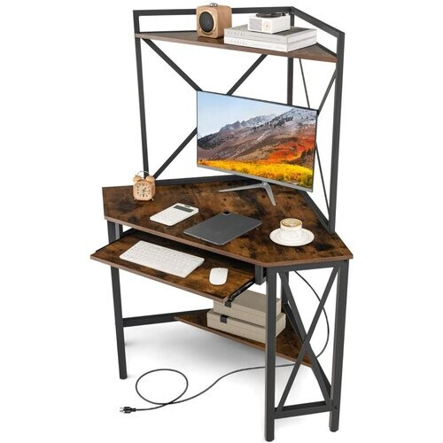 Tweedekans coast Hoekbureau met Laadstation – 80x80x145 cm – Rustiek Bruin & Zwart – Hoekcomputertafel met Toetsenbordplank en 2 Planken Tweedehands