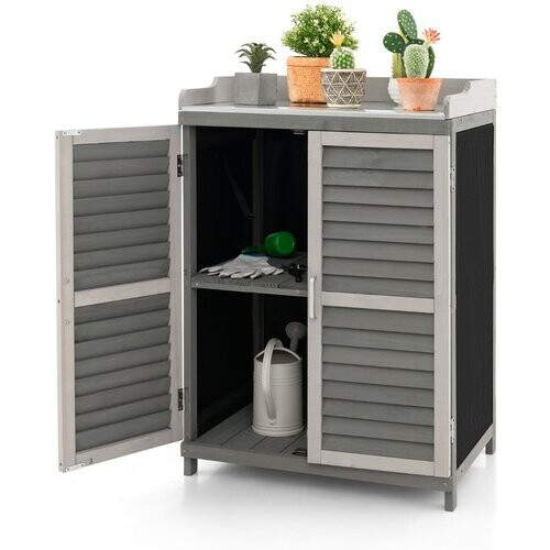 Tweedekans Coast Houten Tuinman Tafel Opbergkast 67x47x100 cm Grijs met Metalen Werkblad en 2 Planken Tweedehands