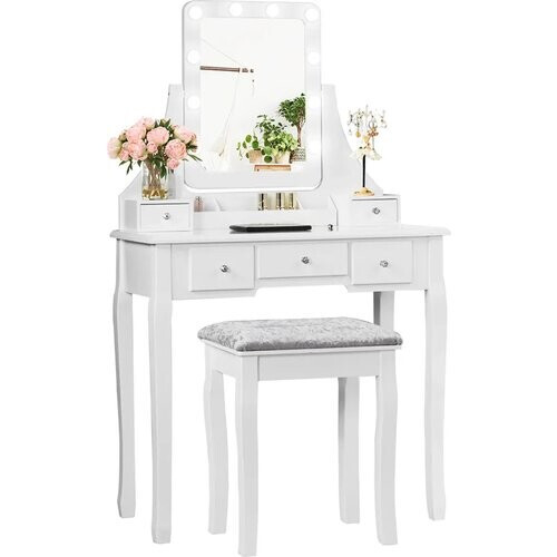 Tweedekans Coast ijdelheid ingesteld met rechthoekige spiegel- en ontlastingskaptafel 80 x 40 x 135,5 cm wit Tweedehands