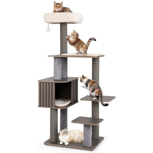 Tweedekans Coast Kattenboom 152 cm – Kattentoren met 6 Niveaus – Kattenhuis en Zachte Ligplaatsen – Krabpalen – Grijs/Bruin Tweedehands