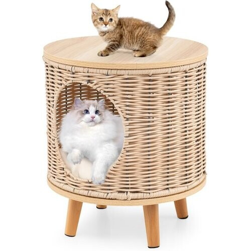Tweedekans Coast Kattenhuis - Rattan - 36 x 41 cm - Afneembaar Kussen - Houten Poten - Kattenbed - Binnen Kattenmeubel - Natuur Tweedehands