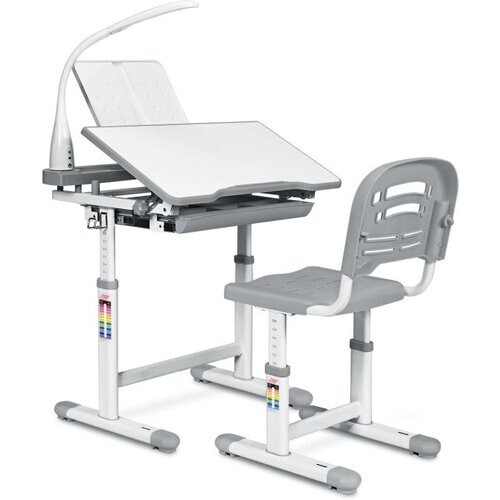 Tweedekans Coast Kinderbureau inclusief Stoel - Met Lade en LED Lamp - Verstelbaar - 66 x 47 x 54-76 cm - Grijs Tweedehands