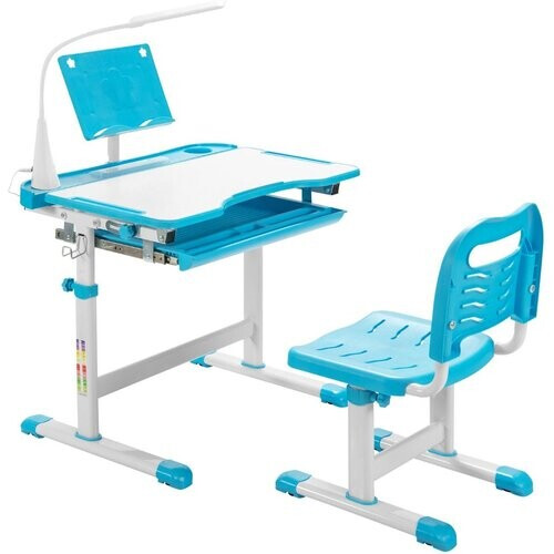Tweedekans coast Kinderbureau & Stoel Set – Hoogte Verstelbaar – Met LED-Lamp & Kantelbaar Werkblad – 70,5 x 52 x 52-79 cm – Blauw Tweedehands