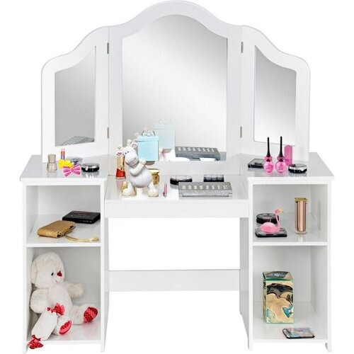 Tweedekans Coast Kinderkaptafel – 3-Zijdige Spiegel & Opbergruimte – 107 x 40 x 117 cm – Wit