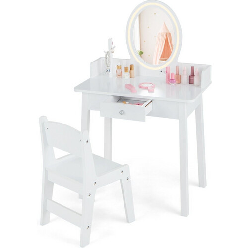 Tweedekans Coast Kinderkaptafel en Stoelset - 2-in-1 Bureau, Tweekleurige LED-Spiegel, Anti-kantel - 60 x 35 x 96 cm - MDF/Grenen Hout - Wit Tweedehands