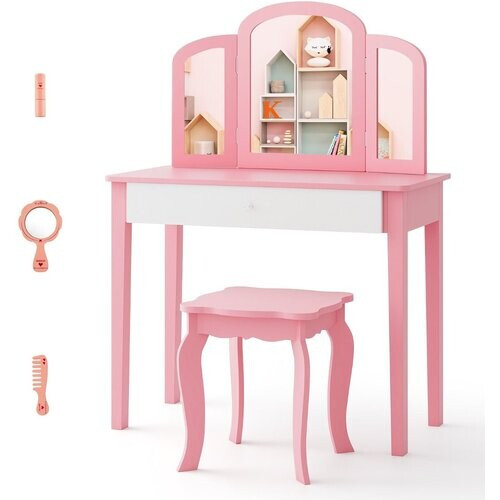 Tweedekans coast Kinderkaptafel Set Roze – 70x34x95 cm Tafel met Krukje en 3-delige Opvouwbare Spiegel Tweedehands