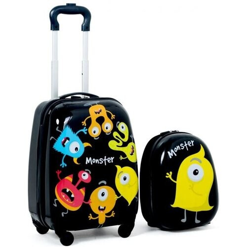 Tweedekans Coast Kinderkofferset 2-delig Kindertrolley + Rugzak Monsters Zwart Tweedehands
