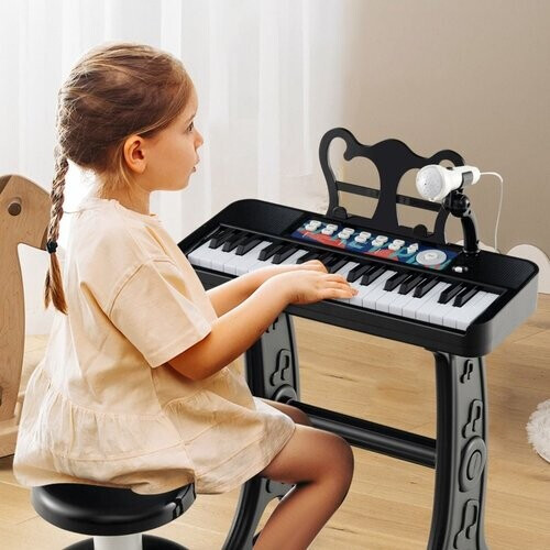 Tweedekans Coast Kinderpiano - 37 Toetsen - met Verstelbare Kruk en Microfoon - Afneembare Standaard - Zwart Tweedehands