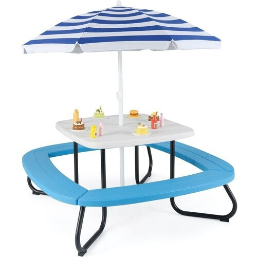Tweedekans Coast Kinderzitgroep Picknicktafel met Parasol – Wit/Blauw – 125 × 125 × 100–160 cm – Tot 8 Kinderen Tweedehands