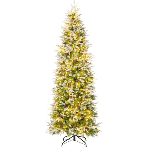 Tweedekans Coast Kunstkerstboom 225 cm Groen/Wit – Voorverlicht met Warmwitte LED – Scharnierconstructie – 913 Takken – Met Sneeuw en Dennenappels Tweedehands