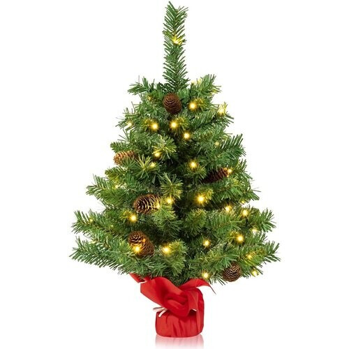 Tweedekans Coast Kunstkerstboom met Ledverlichting en Dennenappels – Tafelkerstboom met Cementbasis – Groen – 64 cm Tweedehands